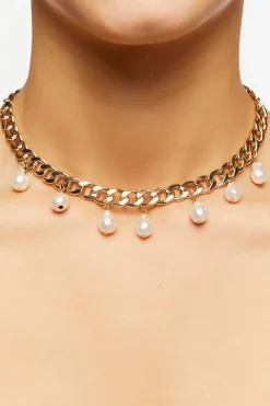 Faux Pearl Curb Chain Necklace