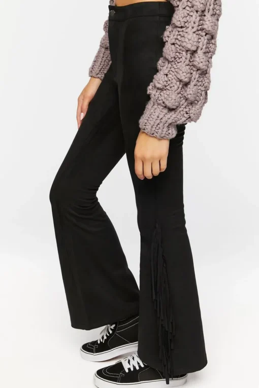 Faux Suede Fringe Flare Pants