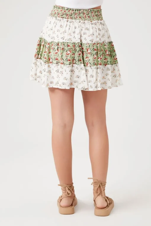 Floral Patchwork Tiered Mini Skirt