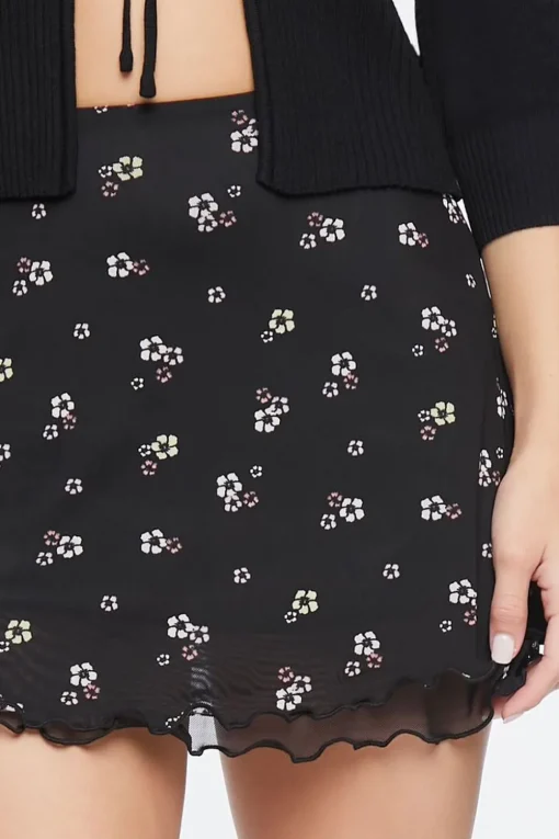 Floral Print Mesh Mini Skirt