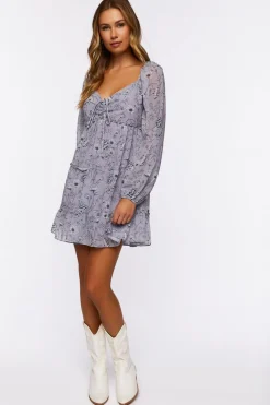 Floral Print Peasant-Sleeve Mini Dress