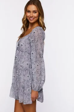 Floral Print Peasant-Sleeve Mini Dress