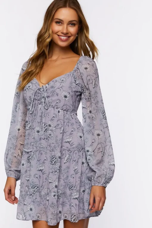 Floral Print Peasant-Sleeve Mini Dress
