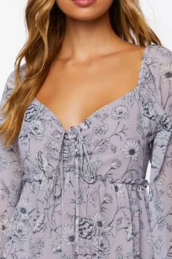Floral Print Peasant-Sleeve Mini Dress