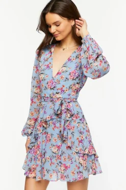 Floral Surplice Tiered Mini Dress