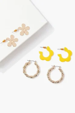 Flower & Twisted Hoop Earring Set