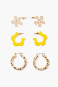 Flower & Twisted Hoop Earring Set