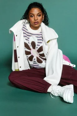 Fuzzy Striped Floral Graphic Sweater