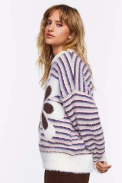 Fuzzy Striped Floral Graphic Sweater