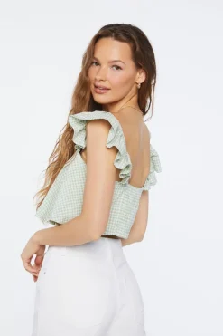 Gingham Ruffle-Trim Crop Top