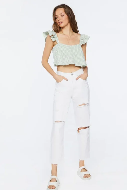Gingham Ruffle-Trim Crop Top