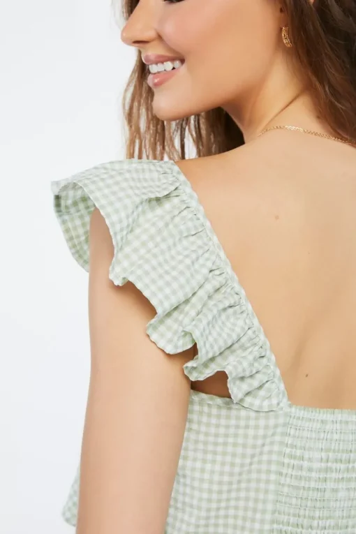 Gingham Ruffle-Trim Crop Top