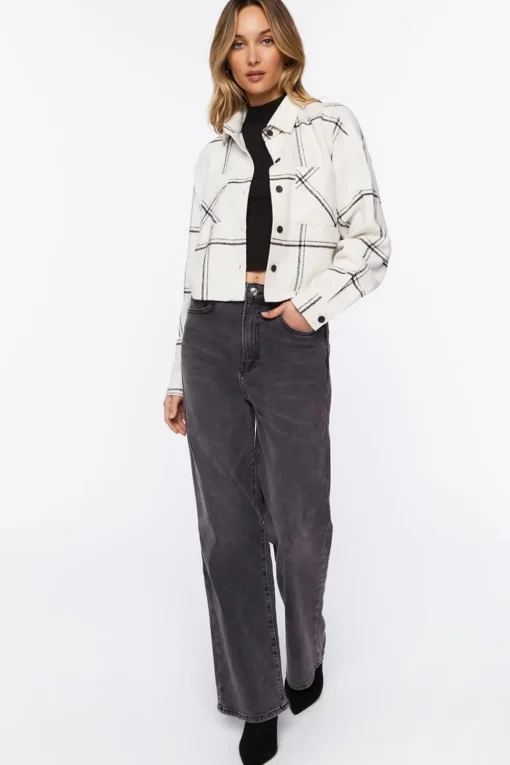 Grid Plaid Cropped Flannel Shirt