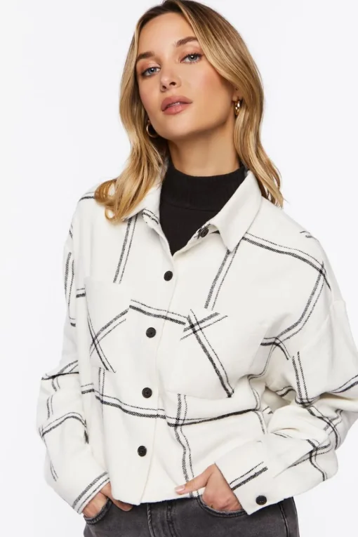 Grid Plaid Cropped Flannel Shirt