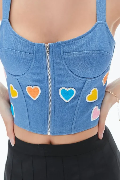 Heart Graphic Denim Bustier Crop Top