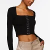 Hook-And-Eye Long-Sleeve Crop Top