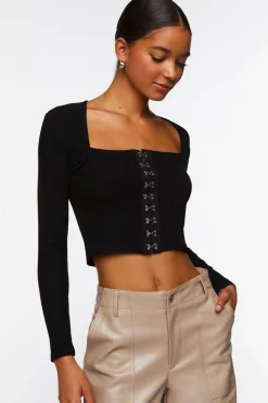 Hook-And-Eye Long-Sleeve Crop Top