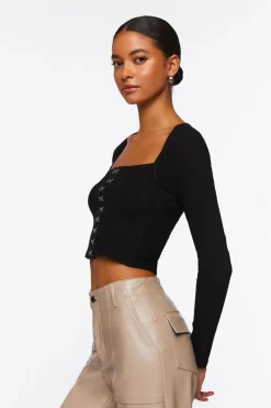 Hook-And-Eye Long-Sleeve Crop Top