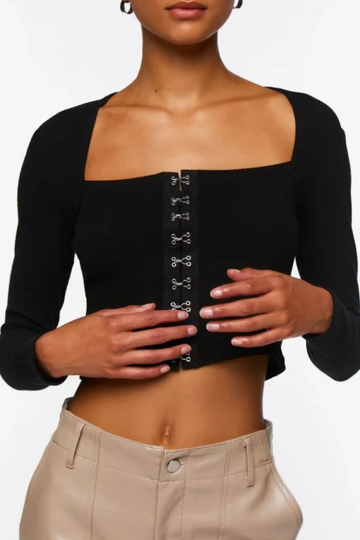 Hook-And-Eye Long-Sleeve Crop Top