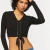 Lace-Up Long-Sleeve Sweater-Knit Crop Top