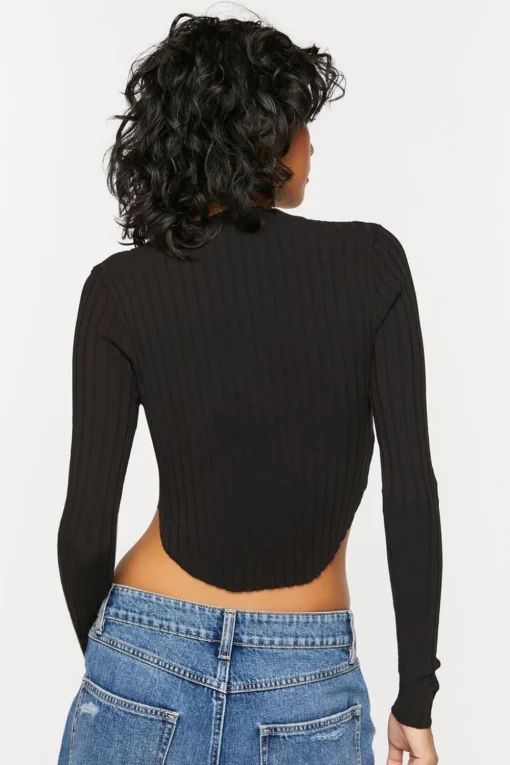 Lace-Up Long-Sleeve Sweater-Knit Crop Top