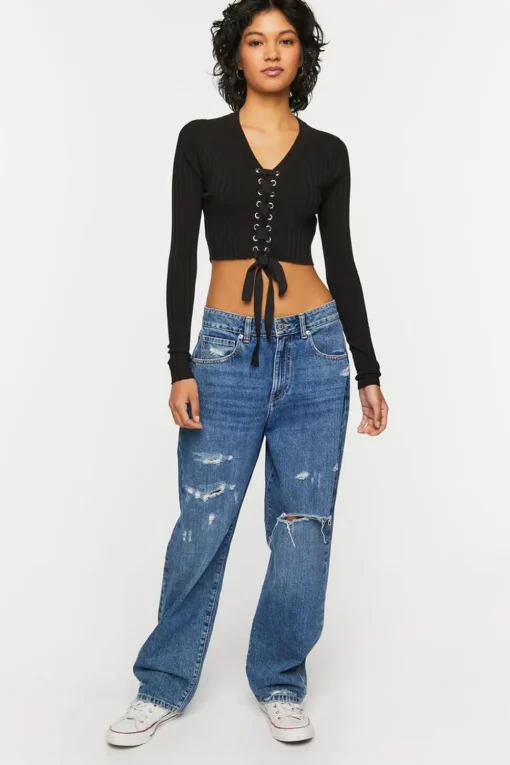 Lace-Up Long-Sleeve Sweater-Knit Crop Top