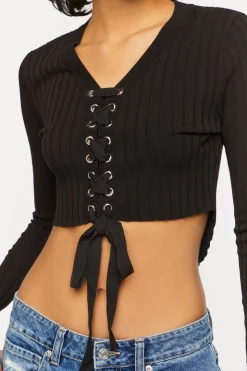 Lace-Up Long-Sleeve Sweater-Knit Crop Top