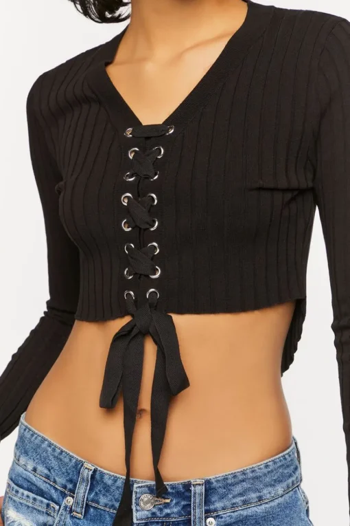 Lace-Up Long-Sleeve Sweater-Knit Crop Top