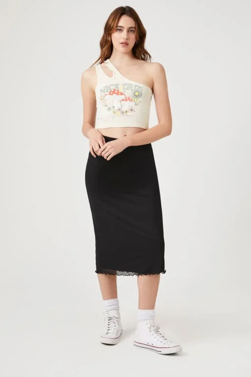 Lettuce-Edge Mesh Midi Skirt