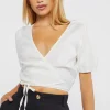 Linen-Blend Cropped Wrap Top