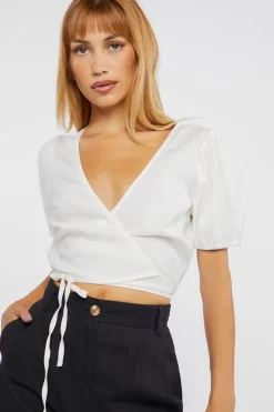 Linen-Blend Cropped Wrap Top