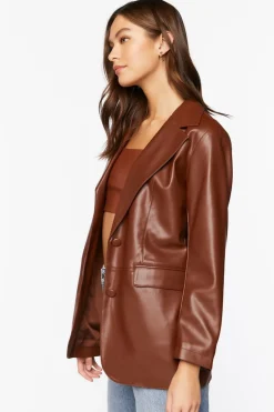 Notched Faux Leather Blazer
