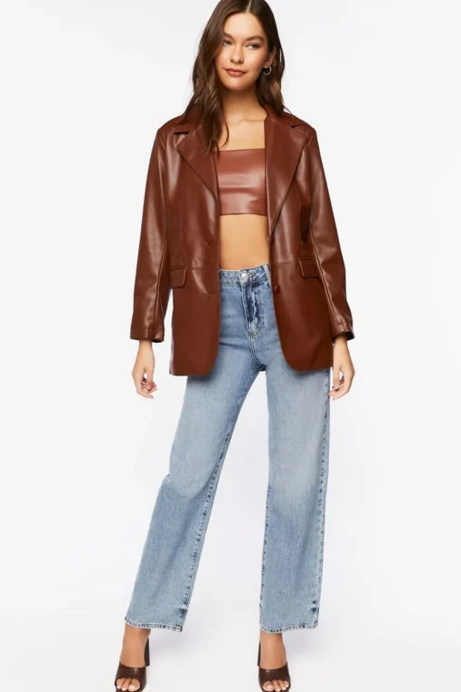 Notched Faux Leather Blazer