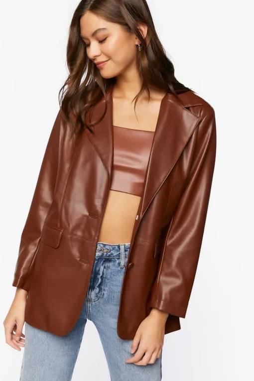 Notched Faux Leather Blazer