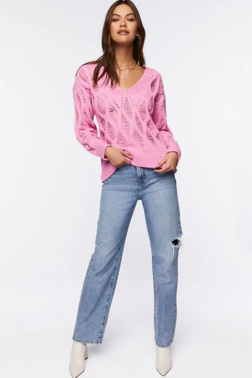 Open Knit V-Neck Sweater
