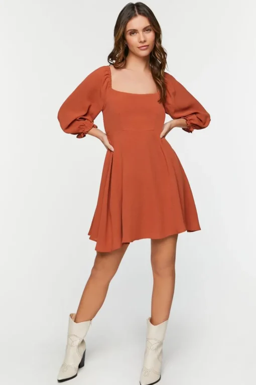 Peasant-Sleeve Babydoll Mini Dress