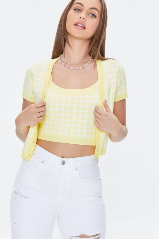 Plaid Cami & Cardigan Sweater Set