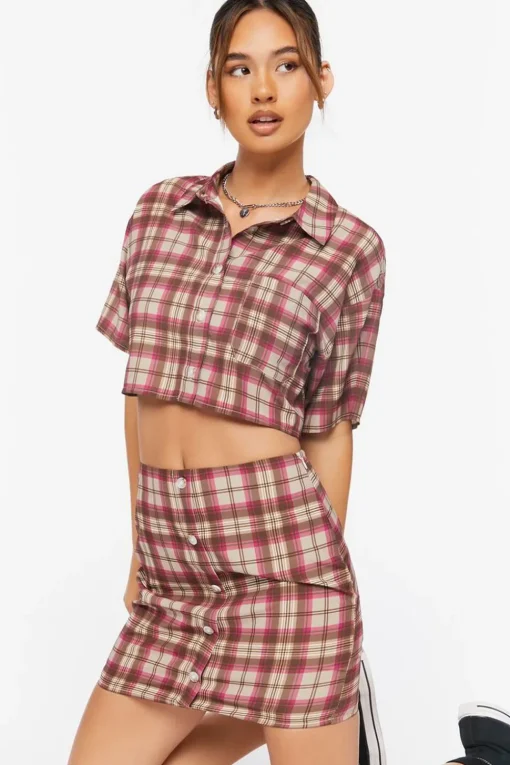 Plaid Cropped Shirt & Skirt Set