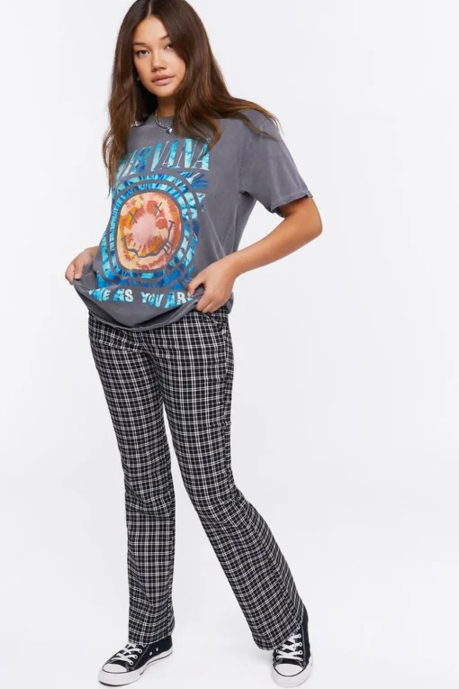Plaid Mid-Rise Flare Pants