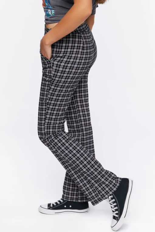 Plaid Mid-Rise Flare Pants