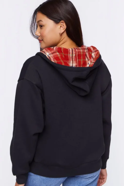 Plaid-Lined Zip-Up Hoodie