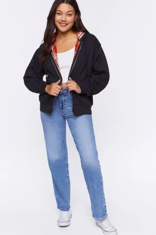 Plaid-Lined Zip-Up Hoodie