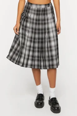 Pleated Plaid Midi Skirt
