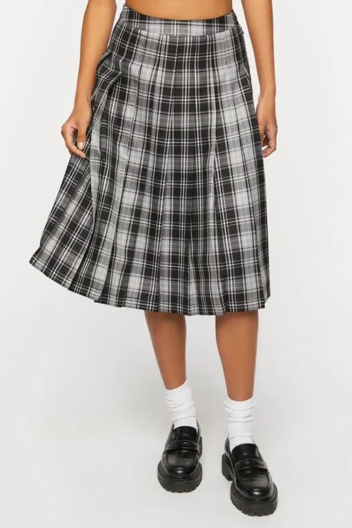 Pleated Plaid Midi Skirt