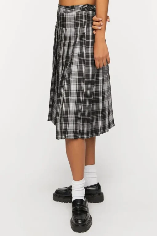Pleated Plaid Midi Skirt