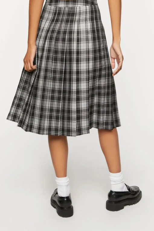 Pleated Plaid Midi Skirt