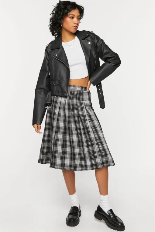 Pleated Plaid Midi Skirt