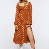 Polka Dot Peasant-Sleeve Midi Dress