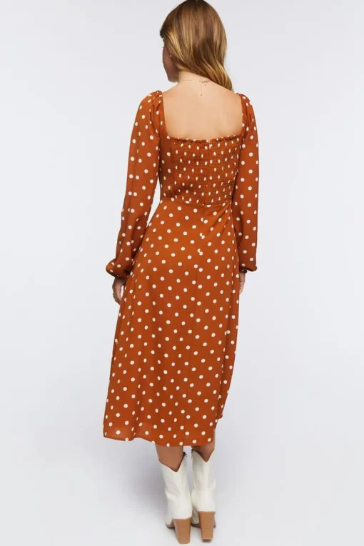Polka Dot Peasant-Sleeve Midi Dress
