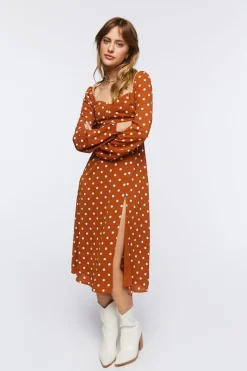 Polka Dot Peasant-Sleeve Midi Dress